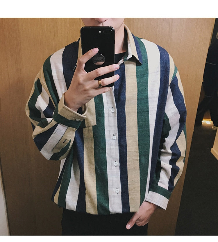 Newest Fashion Stripe Loose Casual Long Sleeves Style Men Shirts