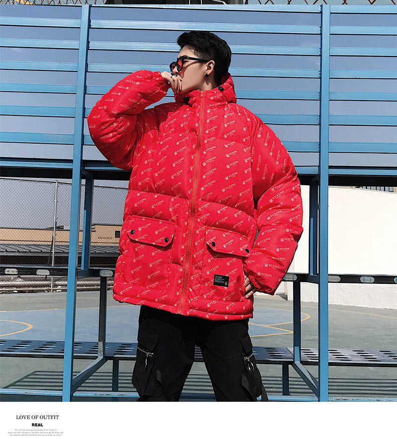 Cotton Padded Outerwear with Letter Printing Men Hooded Jacket - FanFreakz