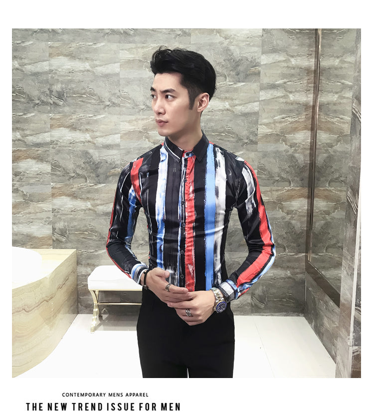 Brushed Stroke Stripe Print Multicolor Men Slim Fit Long Sleeves Shirt - FanFreakz