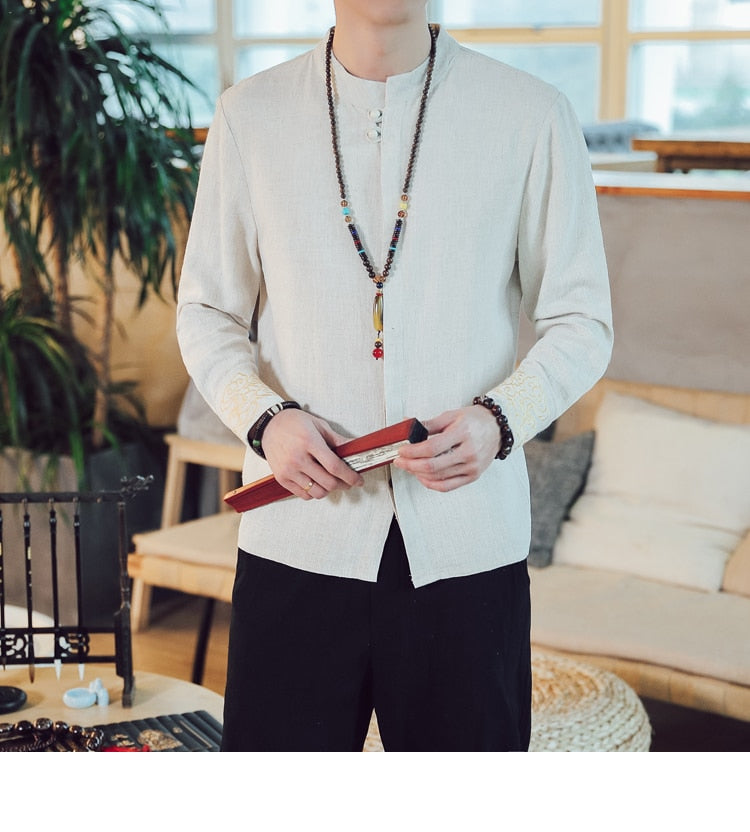 Linen Traditional Kung Fu Style with Simple Wrist Embroidery Men Long Sleeve Shirt