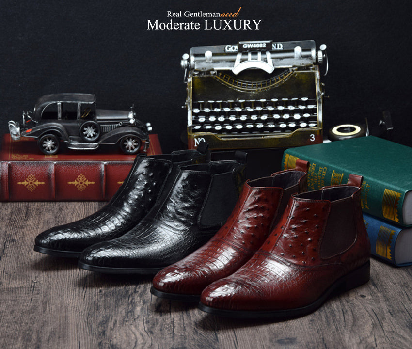 Croco and Ostrich Pattern Leather Patchwork Combination Men Boots - FanFreakz
