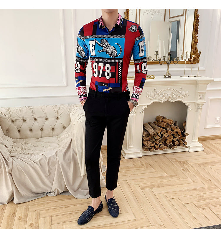 Tiger and Monogram Print Long Sleeve Style Men Slim Fit Shirt