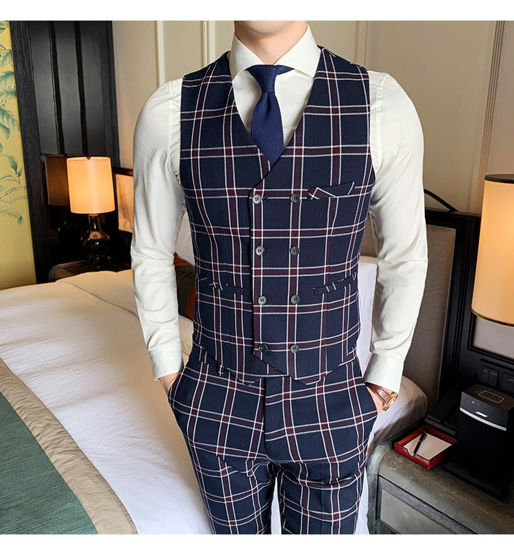 Vintage Plaid British Slim Fit 3 Pieces Style Men Suit
