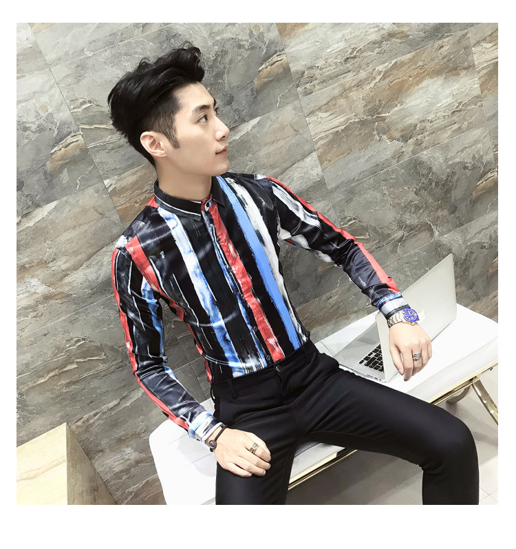 Brushed Stroke Stripe Print Multicolor Men Slim Fit Long Sleeves Shirt - FanFreakz