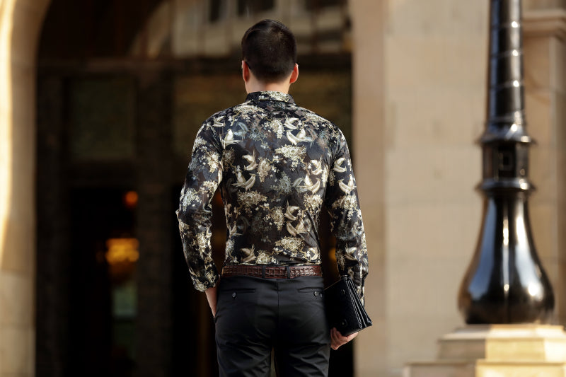 Gold Planting Bird Print Semi See Through Men Velvet Shirt