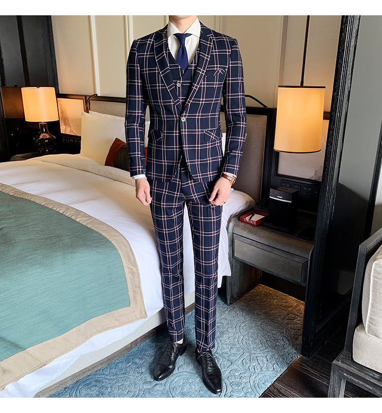 Vintage Plaid British Slim Fit 3 Pieces Style Men Suit