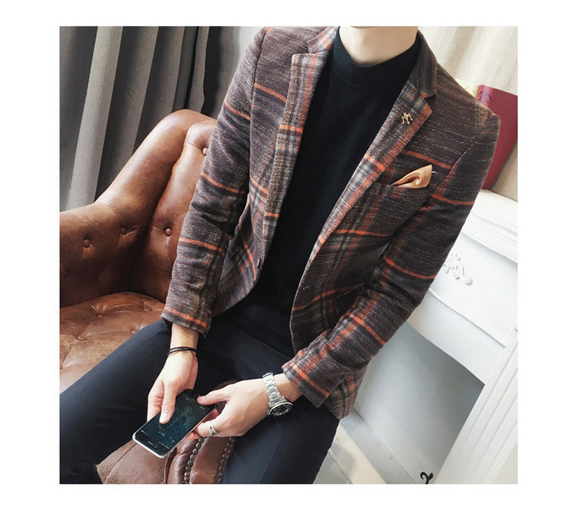 Vintage Plaid Wool Blend Men Slim Fit Smart Casual Blazer