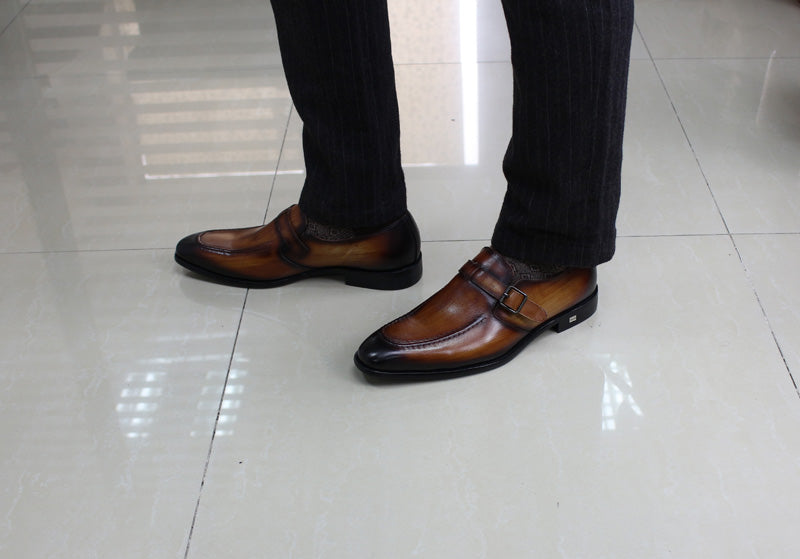 Elegant Handmade Pointed Toe Brown Leather Buckle Strap Men Loafer Shoes - FanFreakz