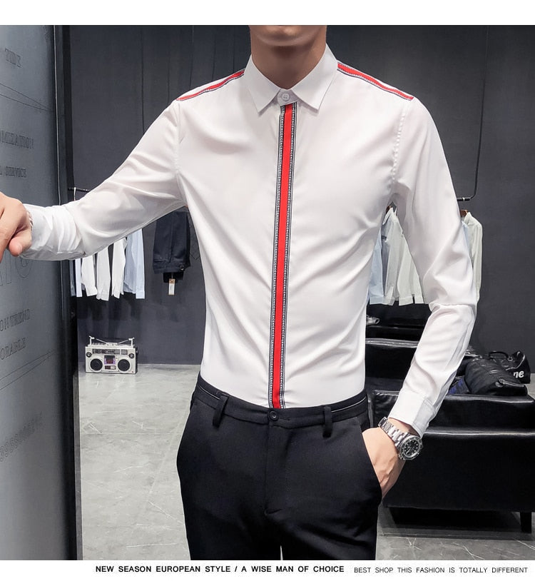 Solid Colour with Ribbon Button Line Design Men Long Sleeves Shirts