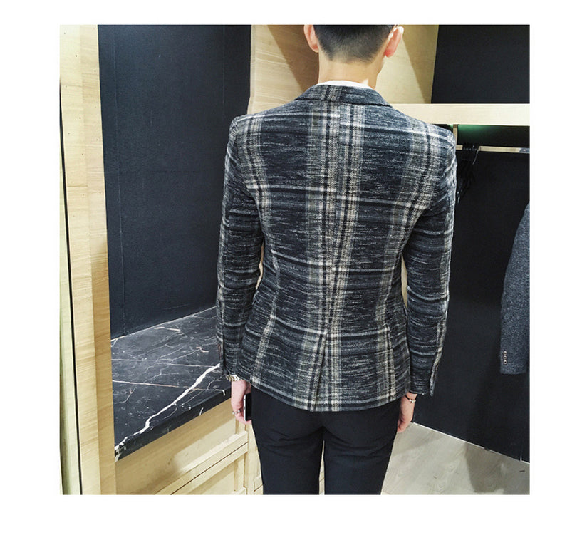 Vintage Plaid Wool Blend Men Slim Fit Smart Casual Blazer