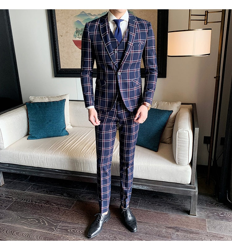 Vintage Plaid British Slim Fit 3 Pieces Style Men Suit