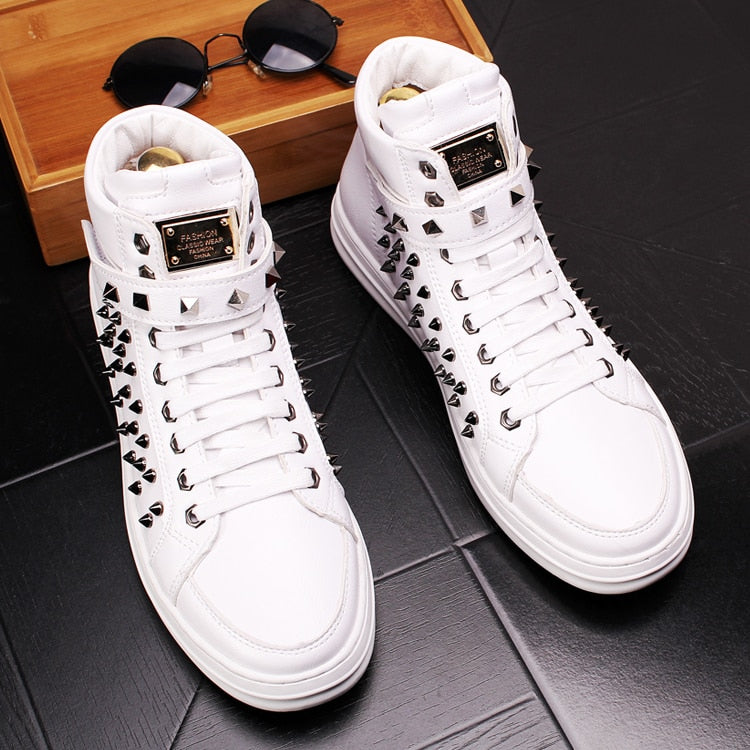 Black and White Casual Rivets Lace Up Men High Top Sneaker - FanFreakz