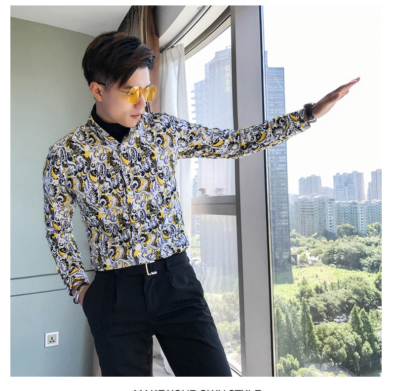Full Contrast Baroque Pattern Men Long Sleeves Shirt