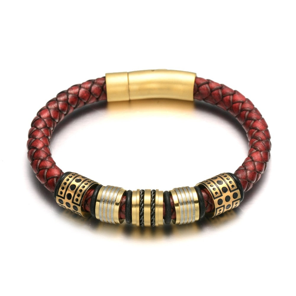 Red Brown Braided Full Grain Leather with Stainless Beads Men Bracelet