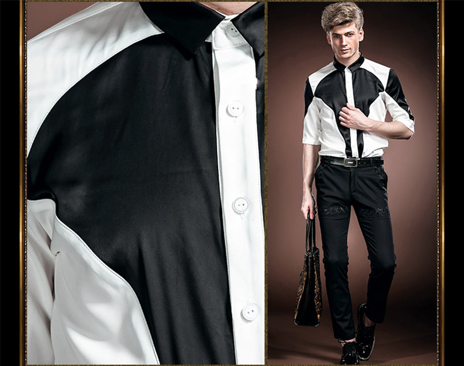 Black & White Patchwork Contrast Men Slim Korean Style Mid-Sleeve Shirt - FanFreakz