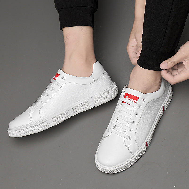 Genuine Leather Checkered Embossed Lace Up Men Sneaker