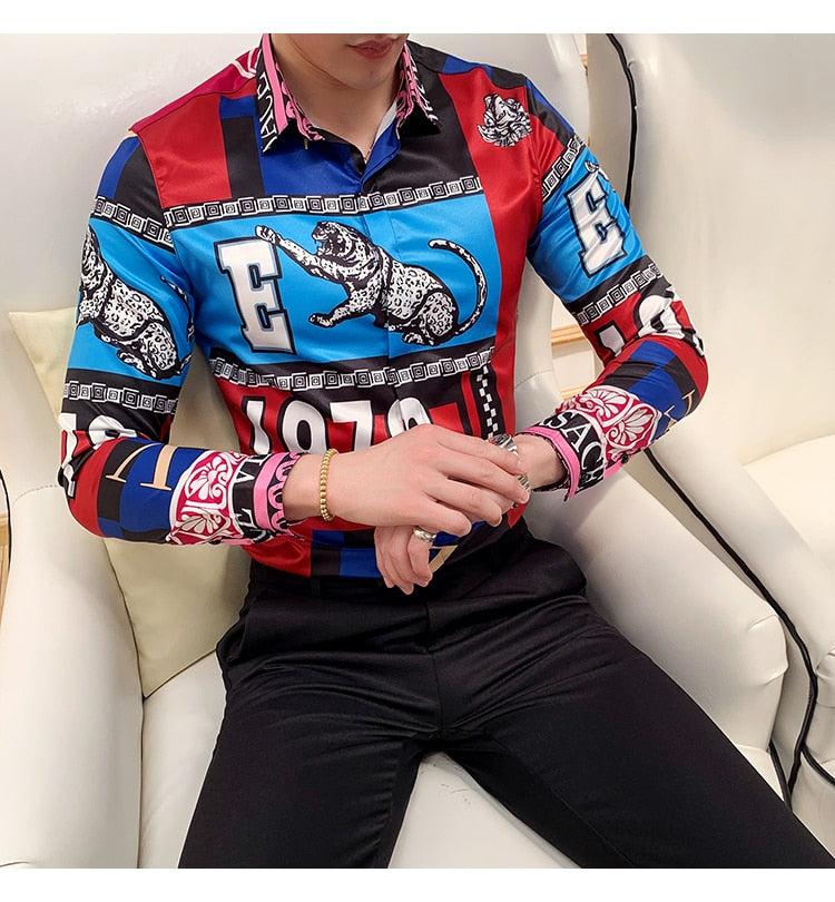 Tiger and Monogram Print Long Sleeve Style Men Slim Fit Shirt