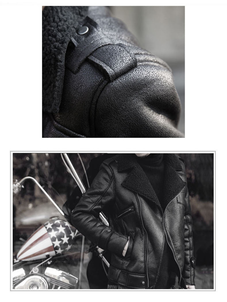 Vintage Biker Style Fleece/Faux Fur Lapel Men Faux Leather Jacket