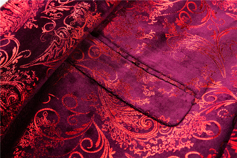 Baroque Pattern Men Slim Fit Burgundy Velvet Blazer - FanFreakz