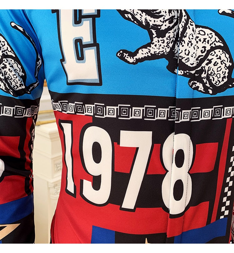 Tiger and Monogram Print Long Sleeve Style Men Slim Fit Shirt