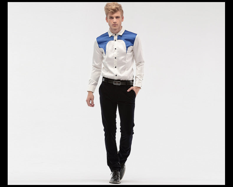 Blue Patchwork On Shoulder Men White Long Sleeve Slim Shirt - FanFreakz