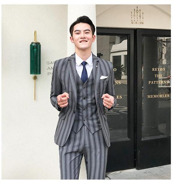 Big Stripes Single Button Men Slim Fit Suit Set Jacket, Vest, and Trousers - FanFreakz