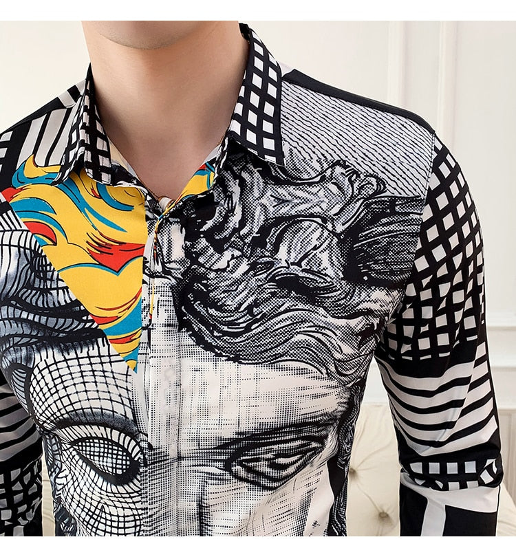 Man Face Printing Colour Splice Design Men Shirt