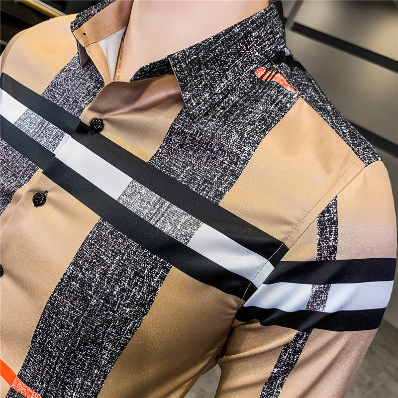 Luxury Print Long Sleeve Korean Design Casual Men Shirt