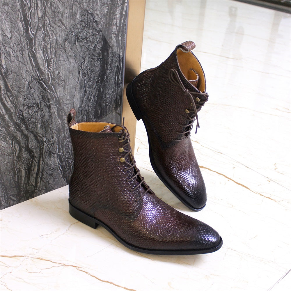Snake Skin Pattern Leather Mid-Calf Boots