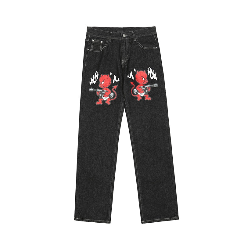 Cartoon Lil Evil Print Straight Denim Jeans