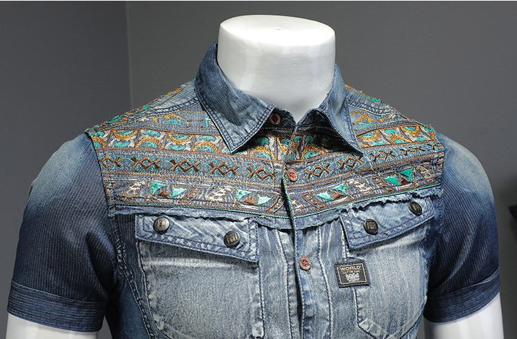 Shoulder Embroidery Patchwork Decorated Shirt