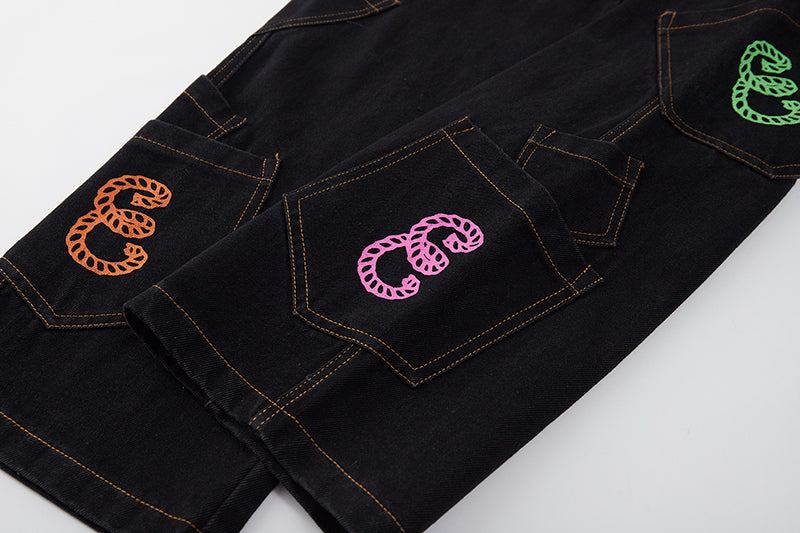 Retro Pocket Letter Patchwork Loose Jeans