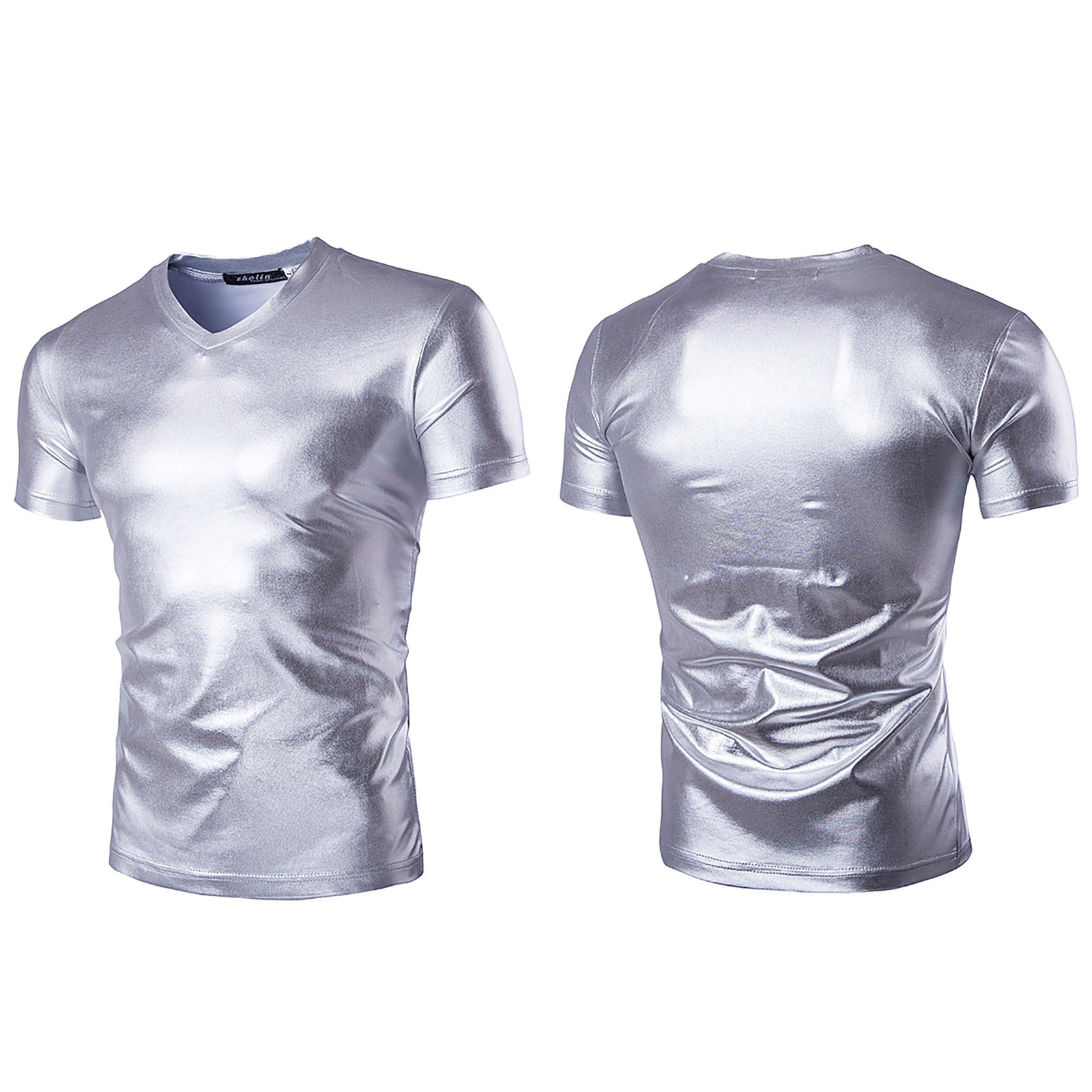 Shiny Metallic Solid V-Neck T-Shirt