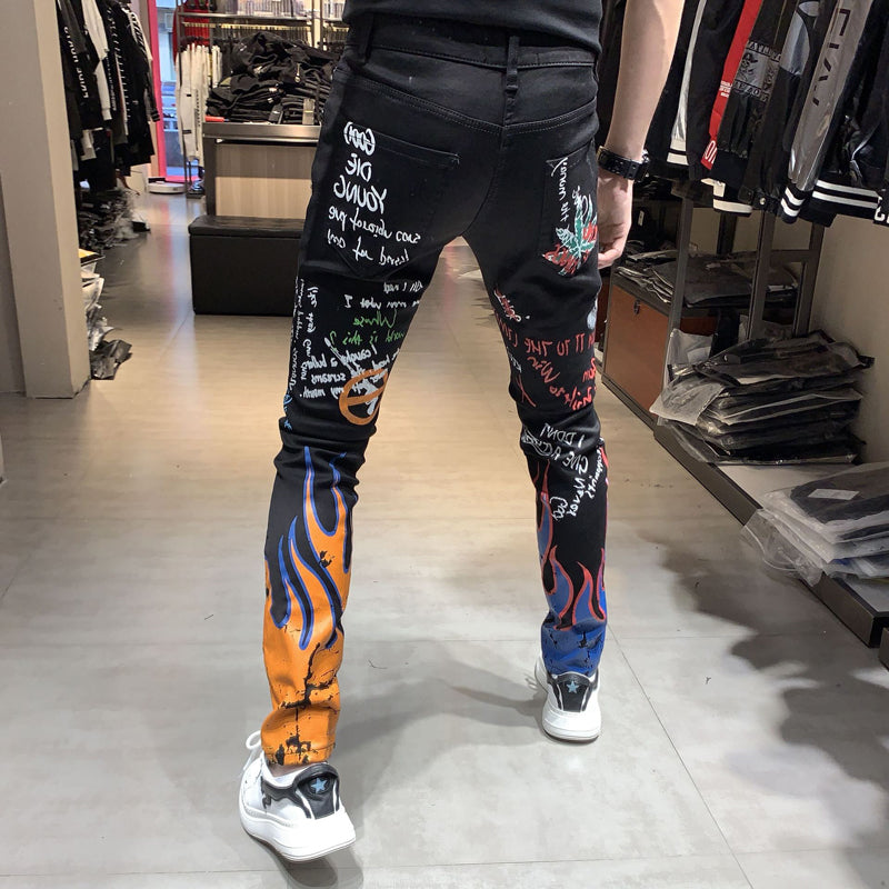 Black with Letters Flame Colored Painted Print Slim Straight Men Jeans