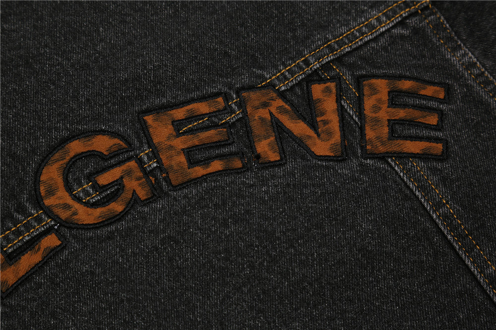 Letter Shaped and Leopard Patchwork Denim Jacket