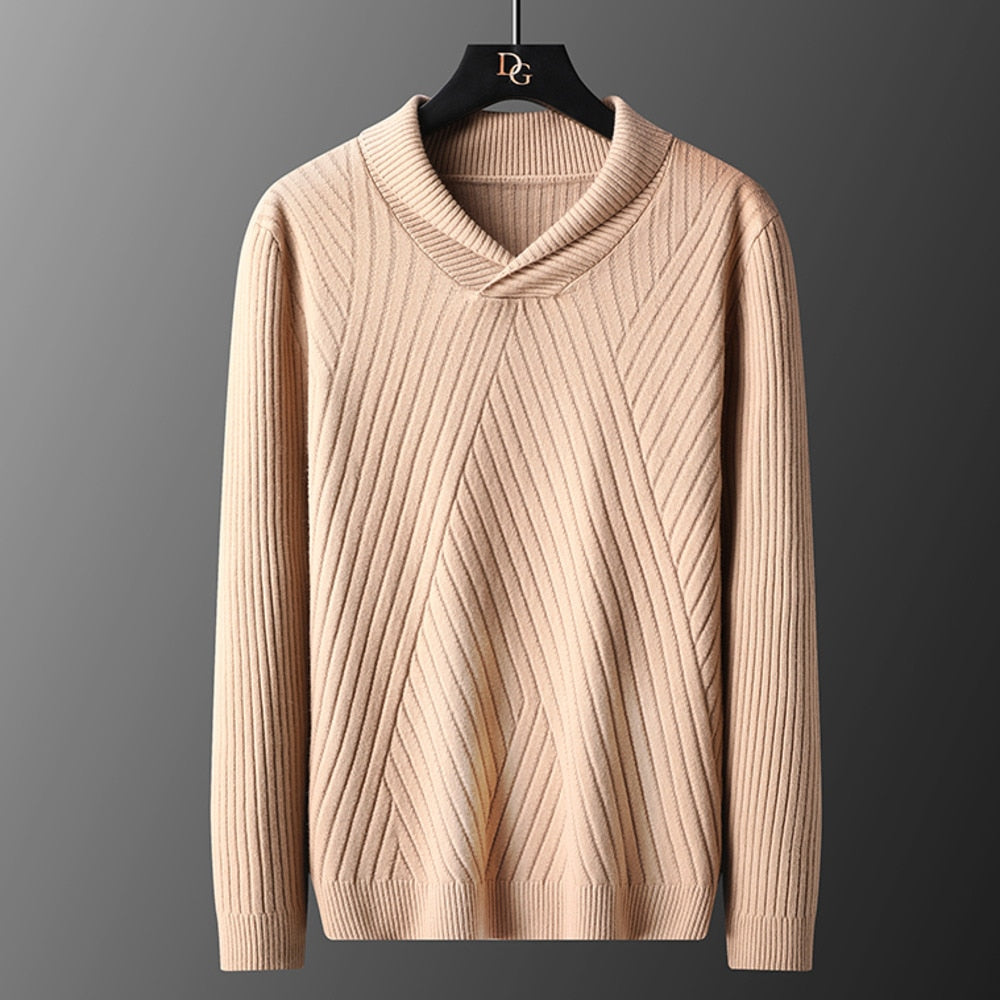 Solid Color Diagonal Knitted V-Neck Sweater
