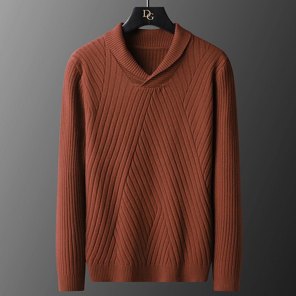 Solid Color Diagonal Knitted V-Neck Sweater