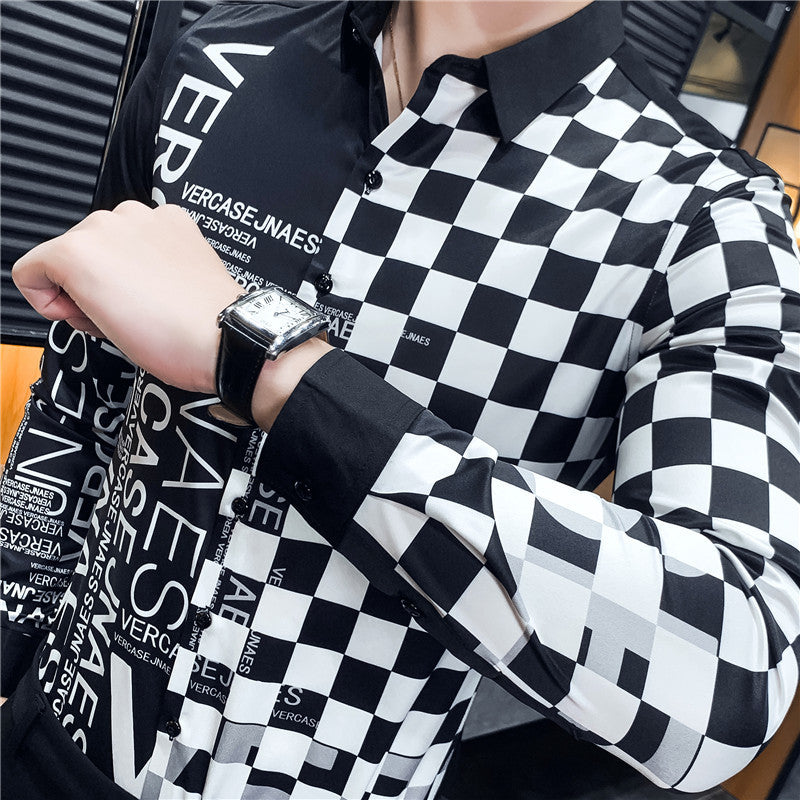 Black White Pop Print Slim Fit Long Sleeve Casual Men Shirts