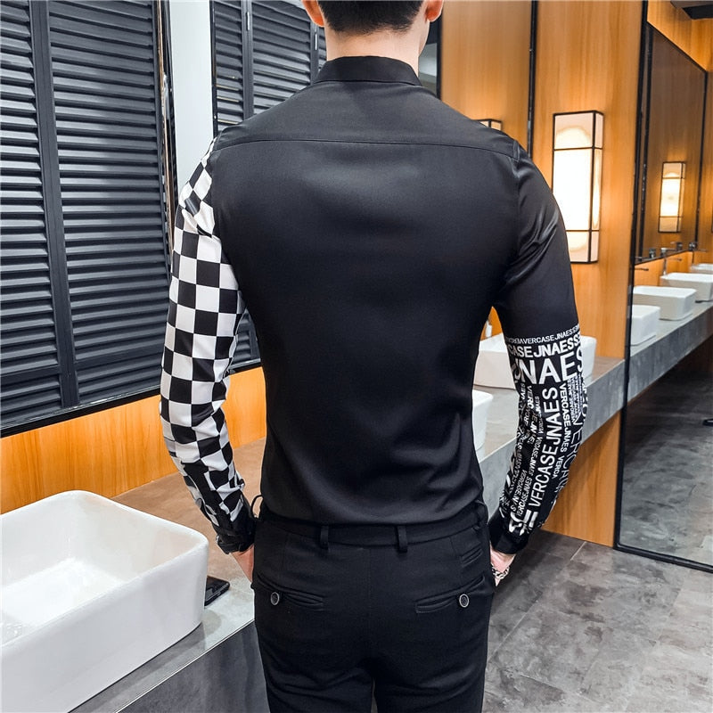 Black White Pop Print Slim Fit Long Sleeve Casual Men Shirts