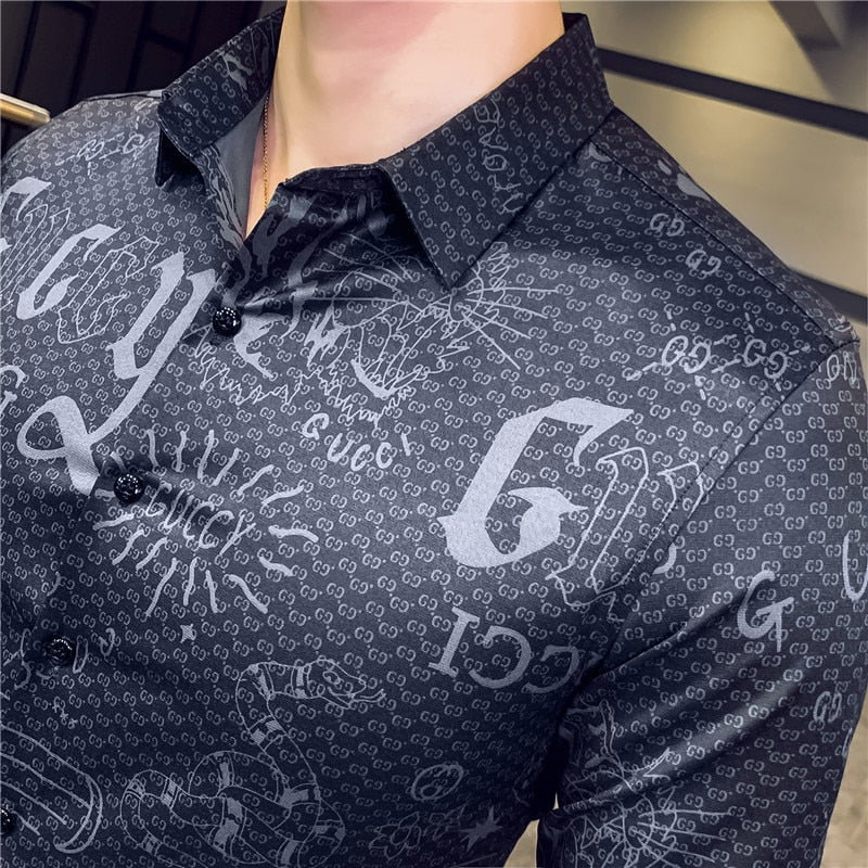 Letter Print Slim Fit Long Sleeve Casual Office Wear Style Men Shirts