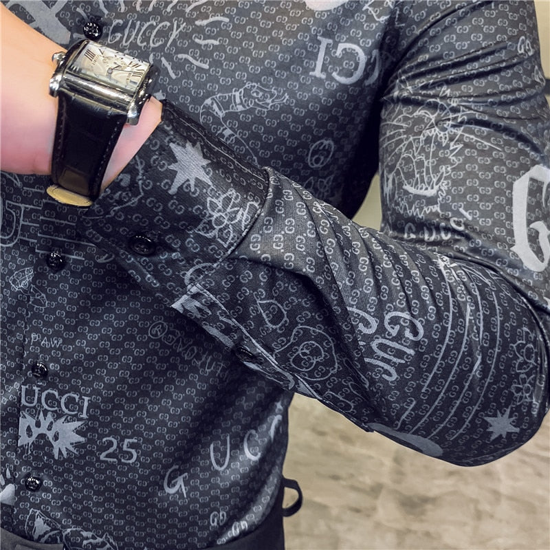 Letter Print Slim Fit Long Sleeve Casual Office Wear Style Men Shirts