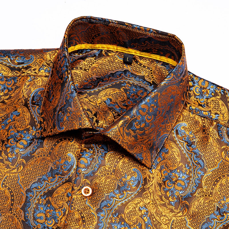 Vertical Paisley Decorated Shiny Silk Shirt