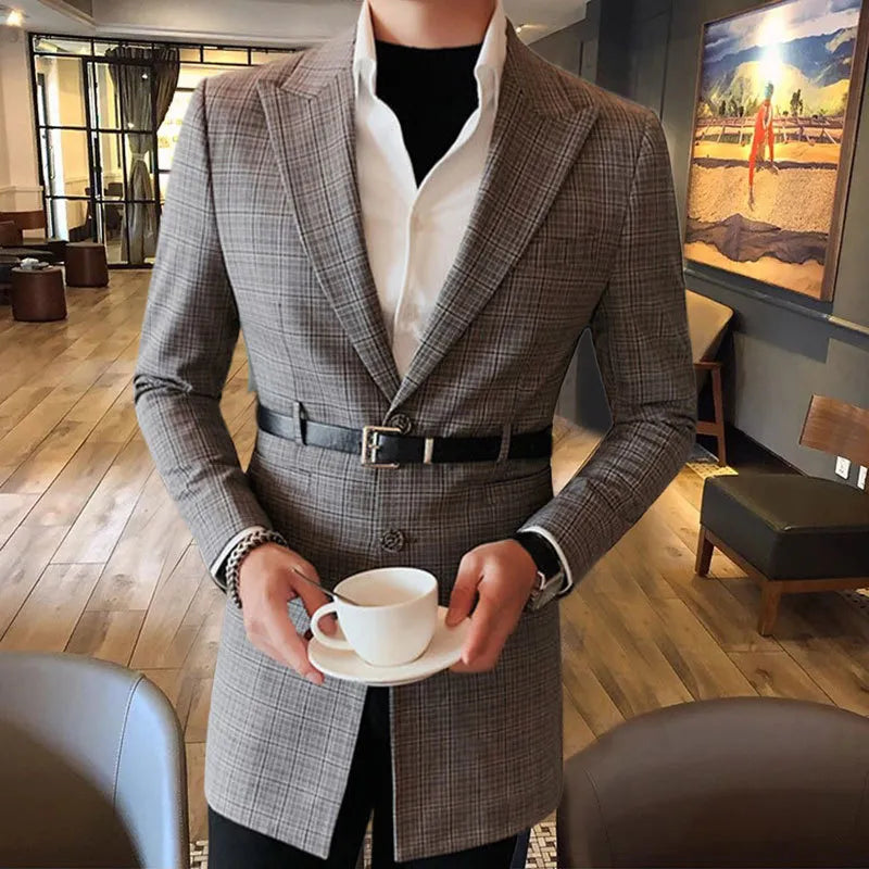 Plaid Pattern Belt Buckle Blazer