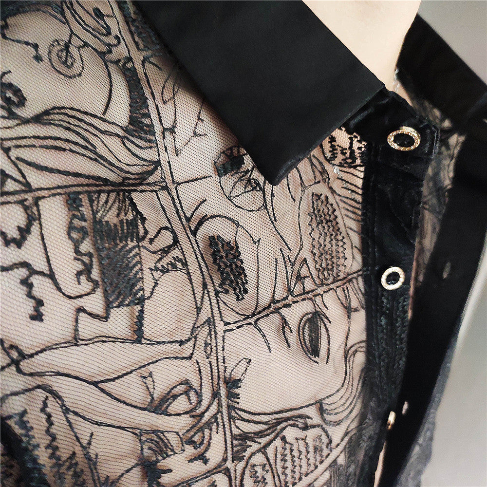 Black Abstract Embroidery See-Through Shirt
