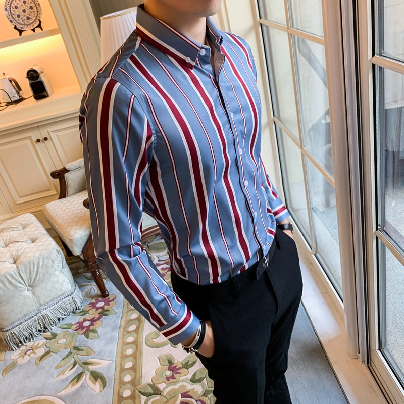 Long Striped Business Casual Style Men Long Sleeves Shirts