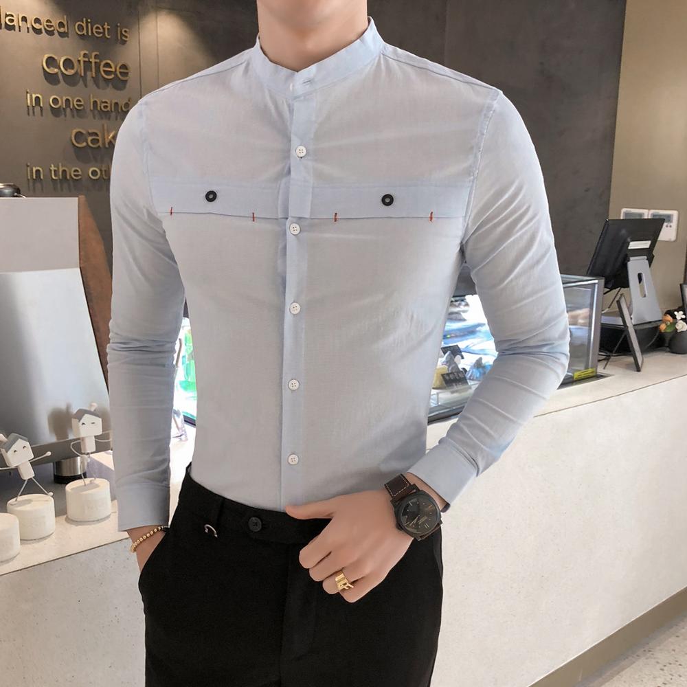 Casual Mandarin Collar Long Sleeve Solid Design Men Shirts