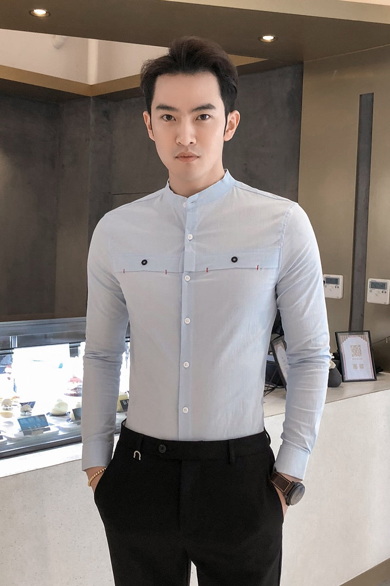 Casual Mandarin Collar Long Sleeve Solid Design Men Shirts