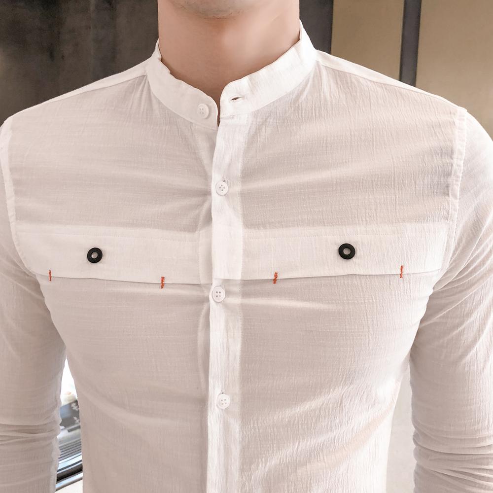 Casual Mandarin Collar Long Sleeve Solid Design Men Shirts