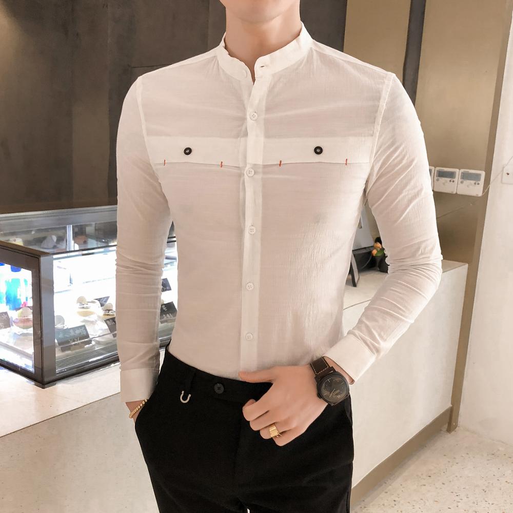 Casual Mandarin Collar Long Sleeve Solid Design Men Shirts