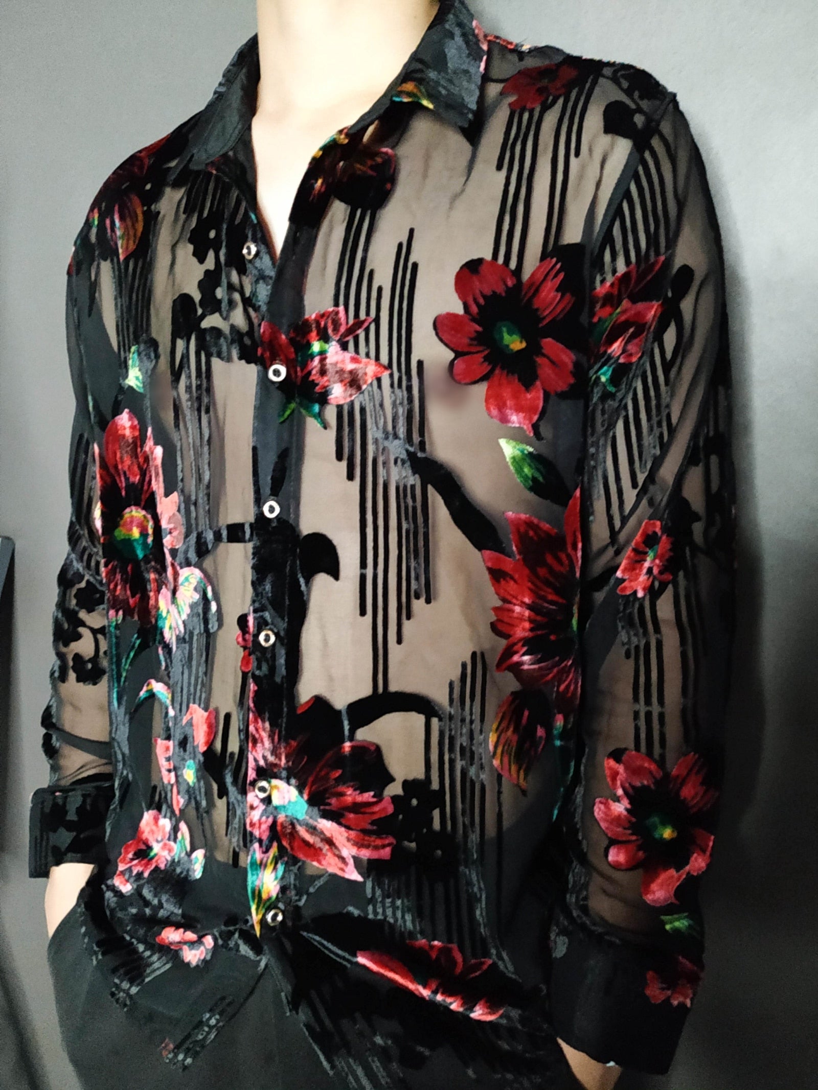 Black Silk Flower Long Sleeve Transparent Shirt